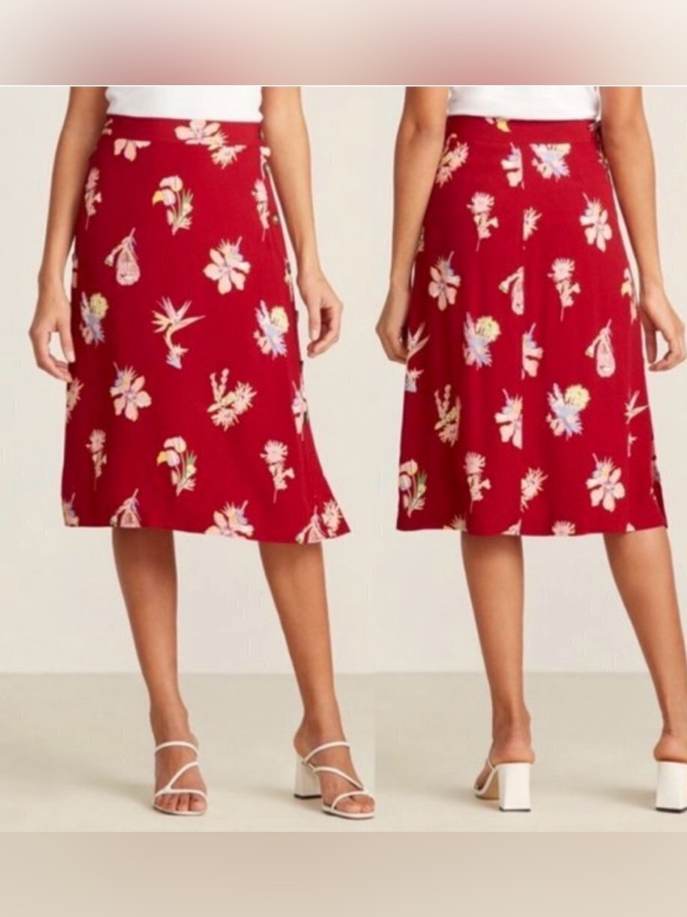 Madewell Birds of Paradise deep crimson Floral side button Midi Skirt size 6